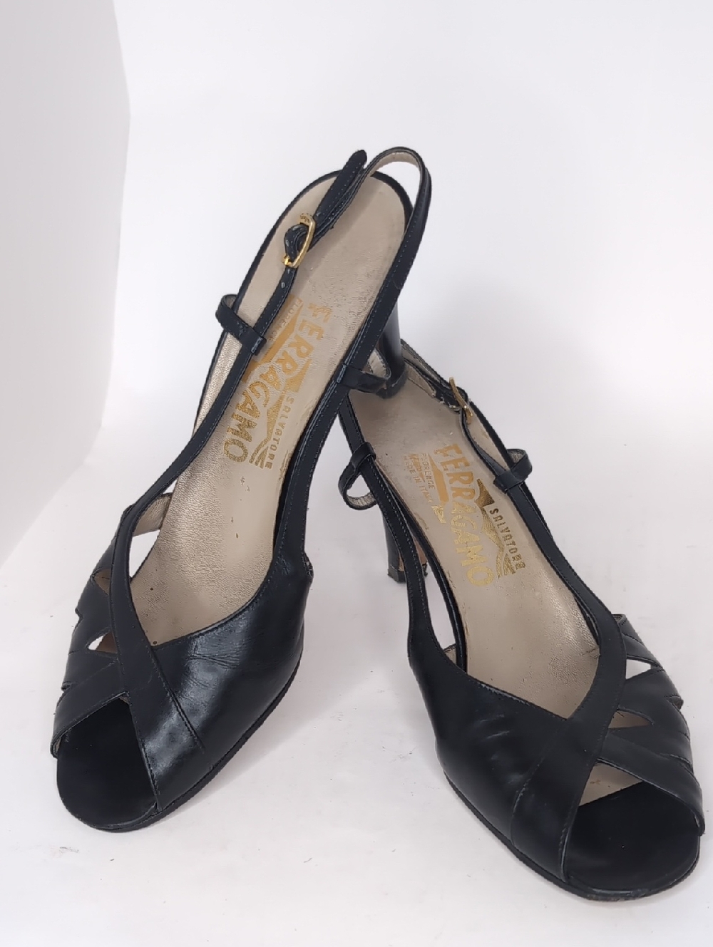 Salvatore Ferragamo Black Leather Slingback Sandals